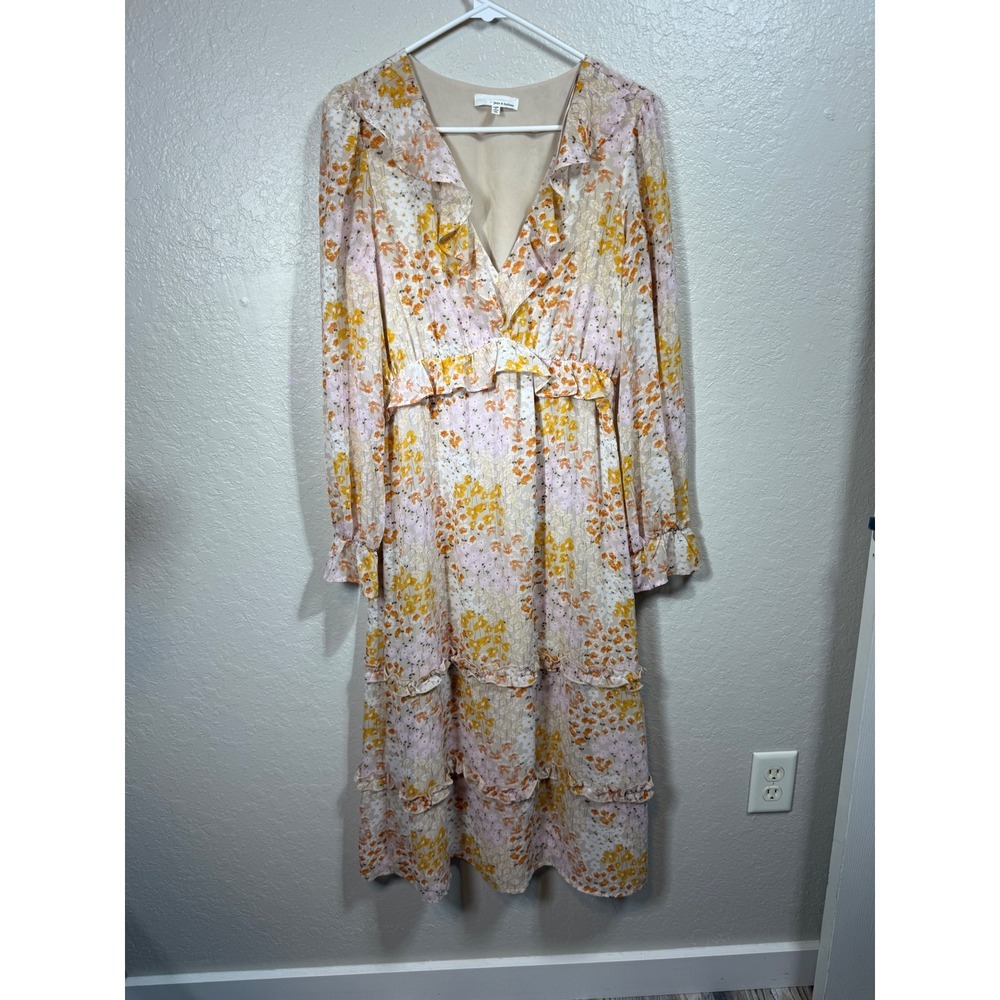 June & Hudson Floral Ruffle Trim Tiered Midi Dress Womens